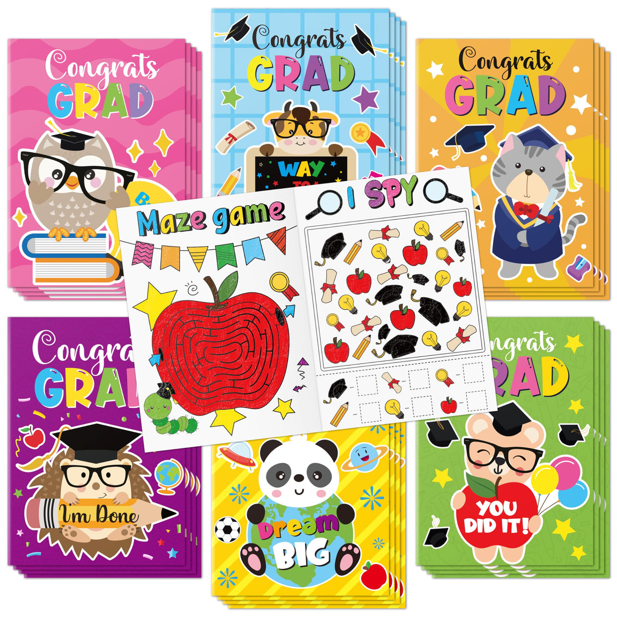 X1zuue Congrats Grad activity books cover with graduation motif; ideal keepsake for kindergarten ceremonies.