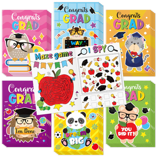 X1zuue Congrats Grad activity books cover with graduation motif; ideal keepsake for kindergarten ceremonies.