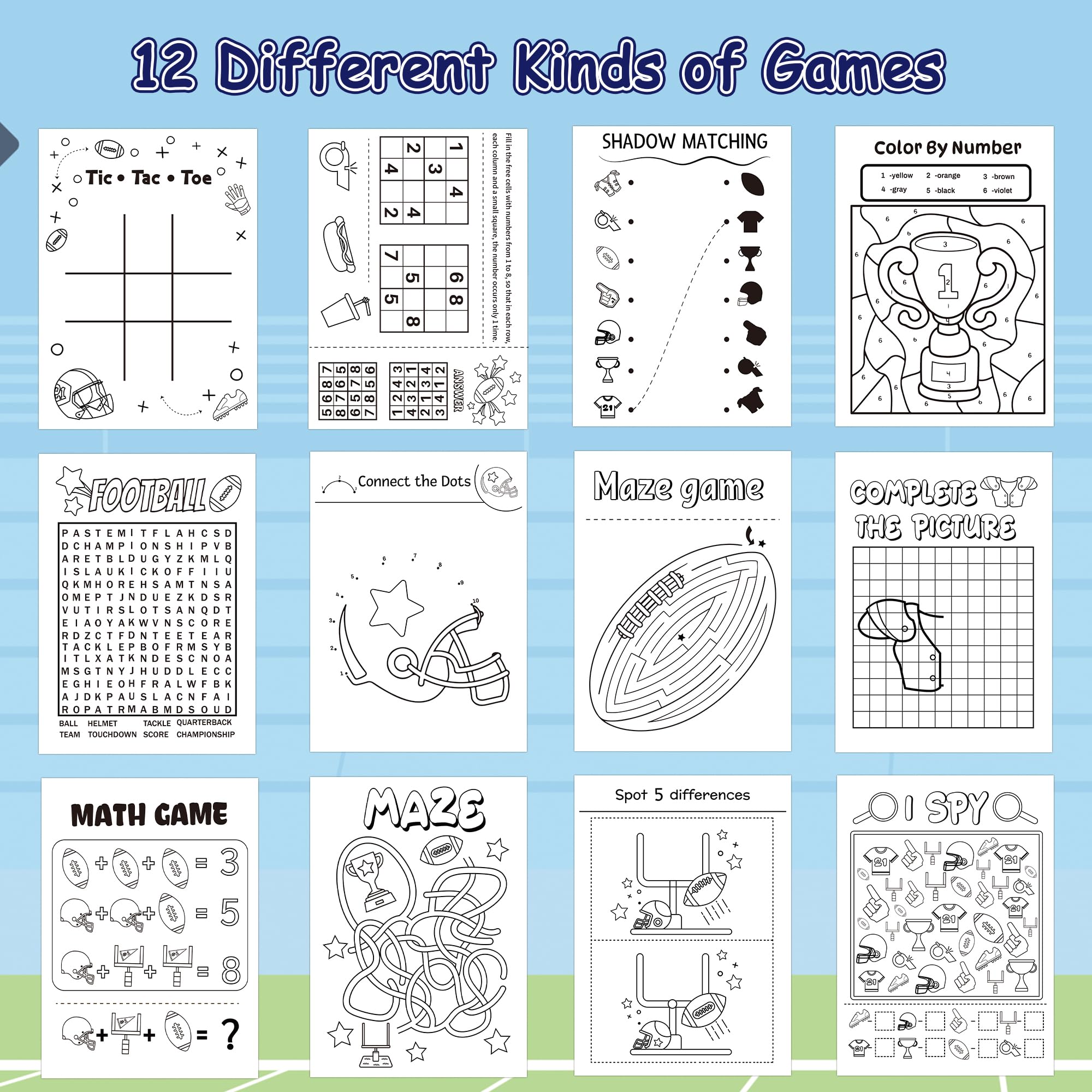 X1zuue football activity books designs with six themes, perfect for classroom activities.
