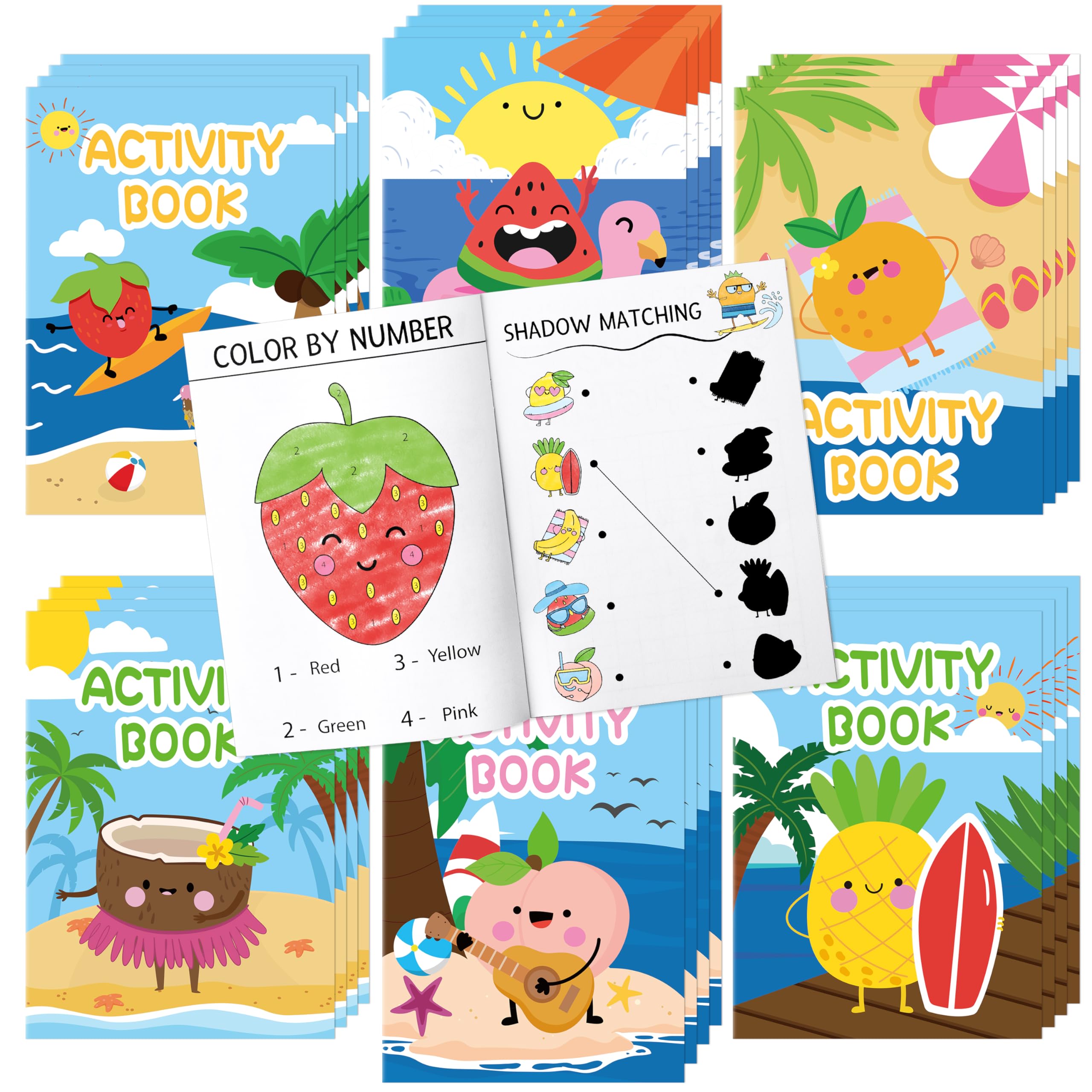 X1zuue summer fruit activity book cover shows bright tropical art, ideal for party favors.