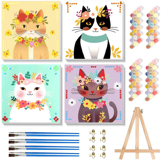 Xackcme 4-pack cat paint-by-number canvas for kids creativity and wall decor