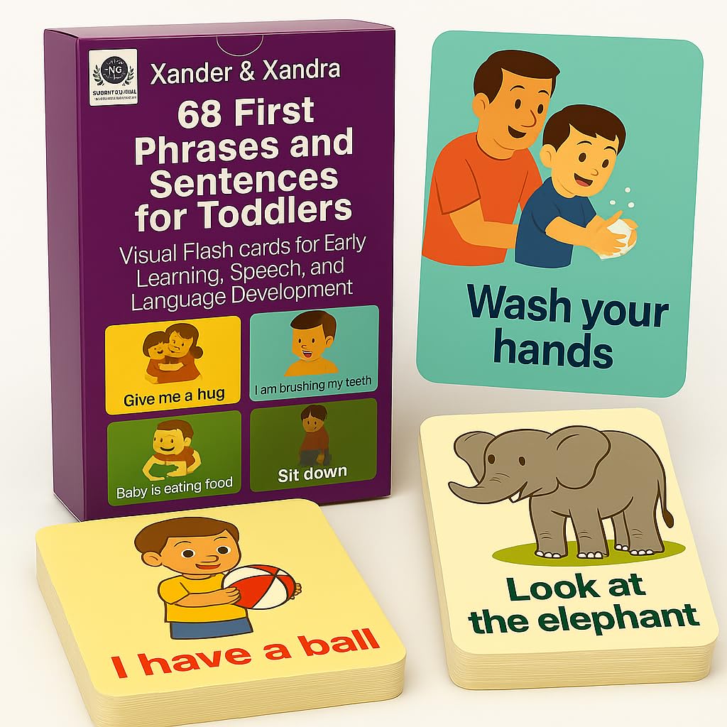 Xander and Xandra 68 first phrases card 1 illustrates a toddler sentence for speech practice.