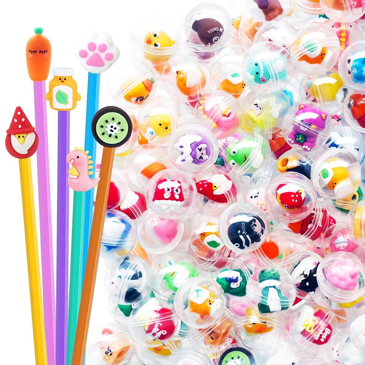Xanllaxa mini pencil toppers in clear capsules for classroom rewards.