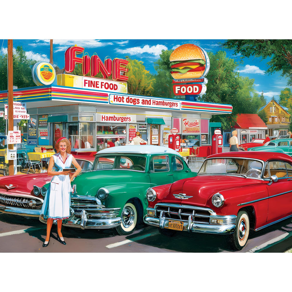 XAPAEG retro cars puzzle scene with two colorful cars for nostalgic home entertainment.