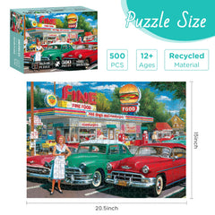 XAPAEG puzzle featuring a woman in a white dress with a tray for family puzzle nights.