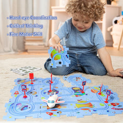 XAZASTOV floor puzzle pieces spread out for route planning and exploration