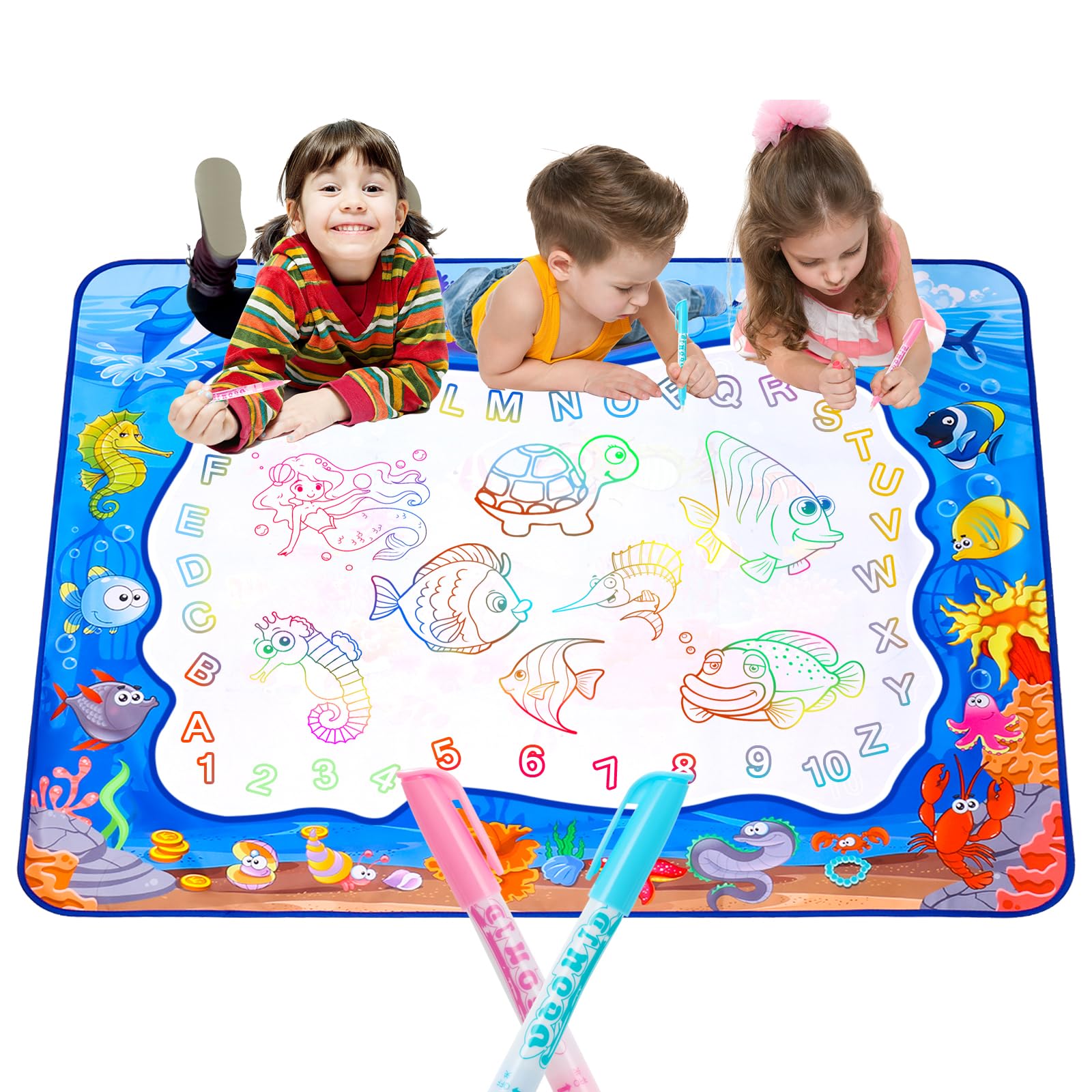XBagSJ Ocean Water Doodle Mat laid flat for shared, mess-free drawing.