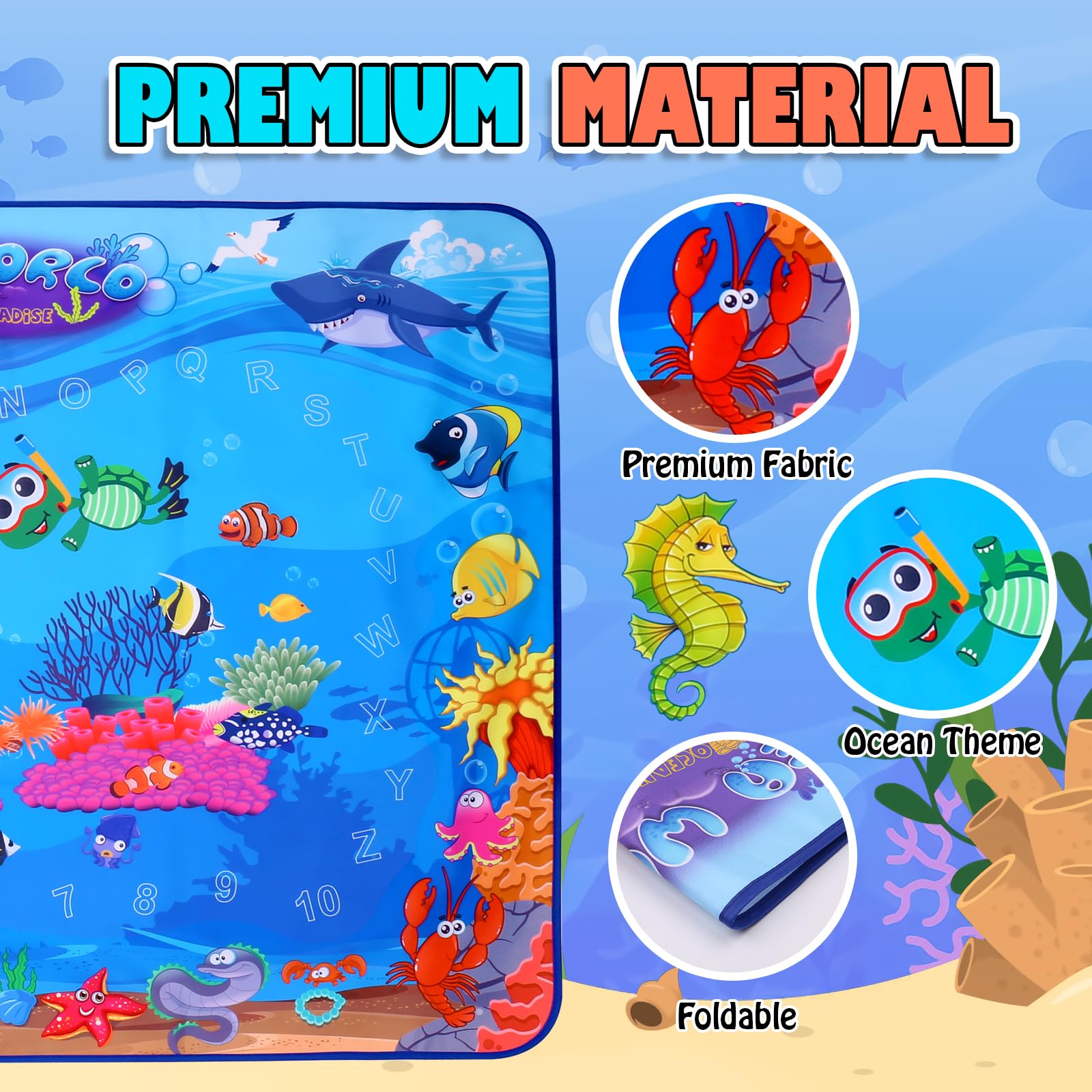 XBagSJ Ocean Water Doodle Mat featuring water pen for quick, mess-free setup.