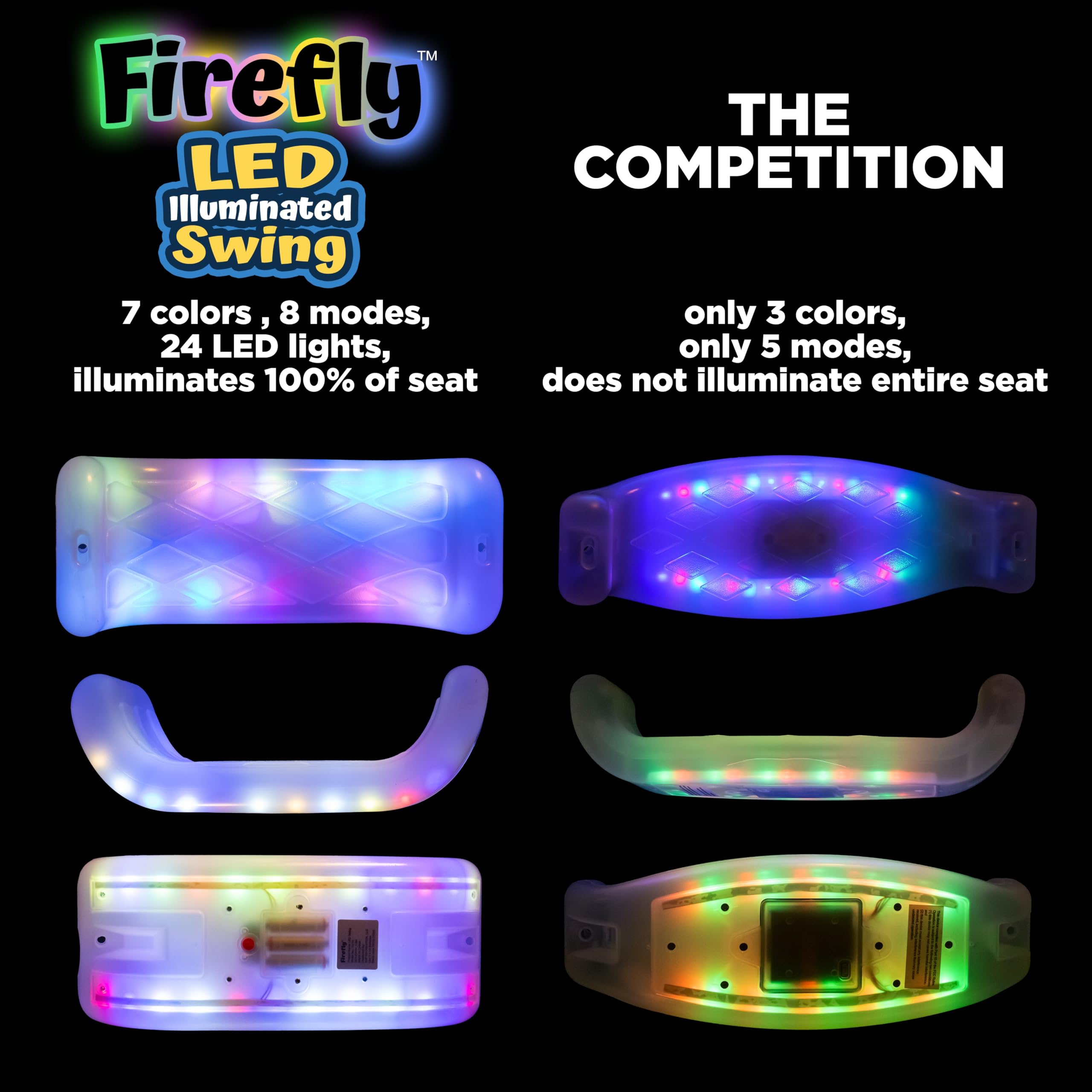 Semi-clear Firefly swing seat shell enhances LED brightness outdoors.