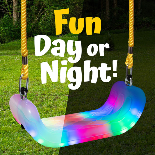 Firefly swing seat showing seven lighting modes and eight colors for versatile ambiance.