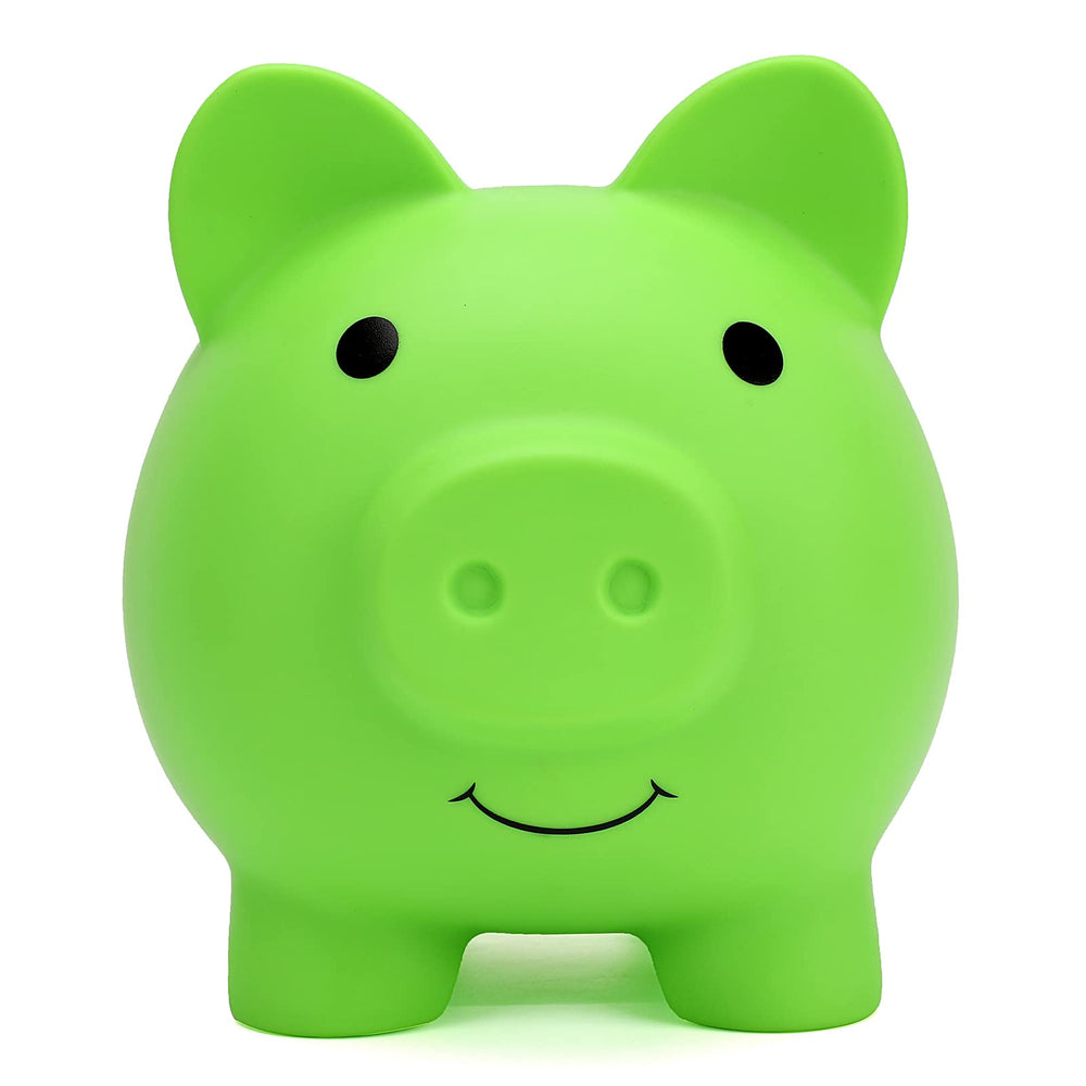XDRELEC piggy bank green side view, durable and kid-friendly