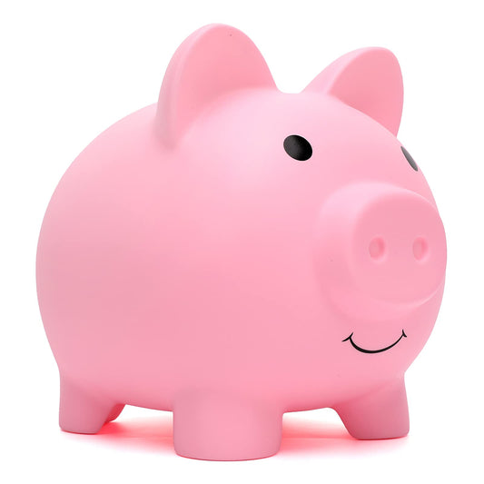 XDRELEC piggy bank pink front view, durable and kid-friendly for saving