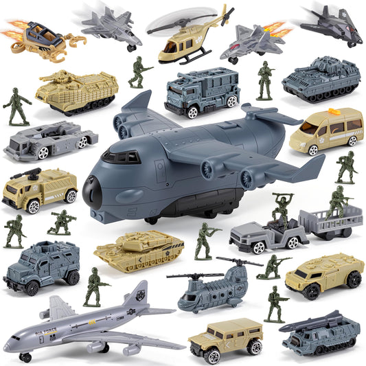 XDUOYJOY 33-in-1 military toy set with detailed vehicles for imaginative play.