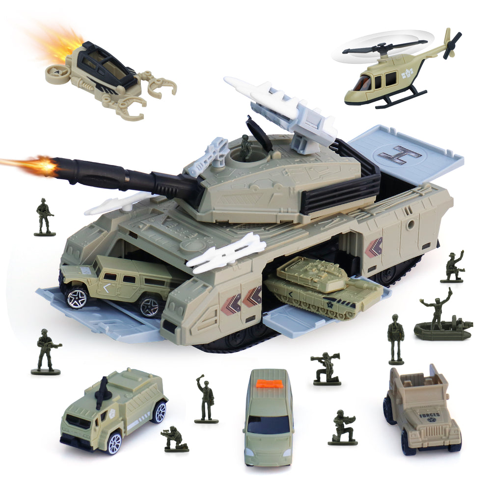 XDUOYJOY military tank set front view with open hatches for hands-on exploration