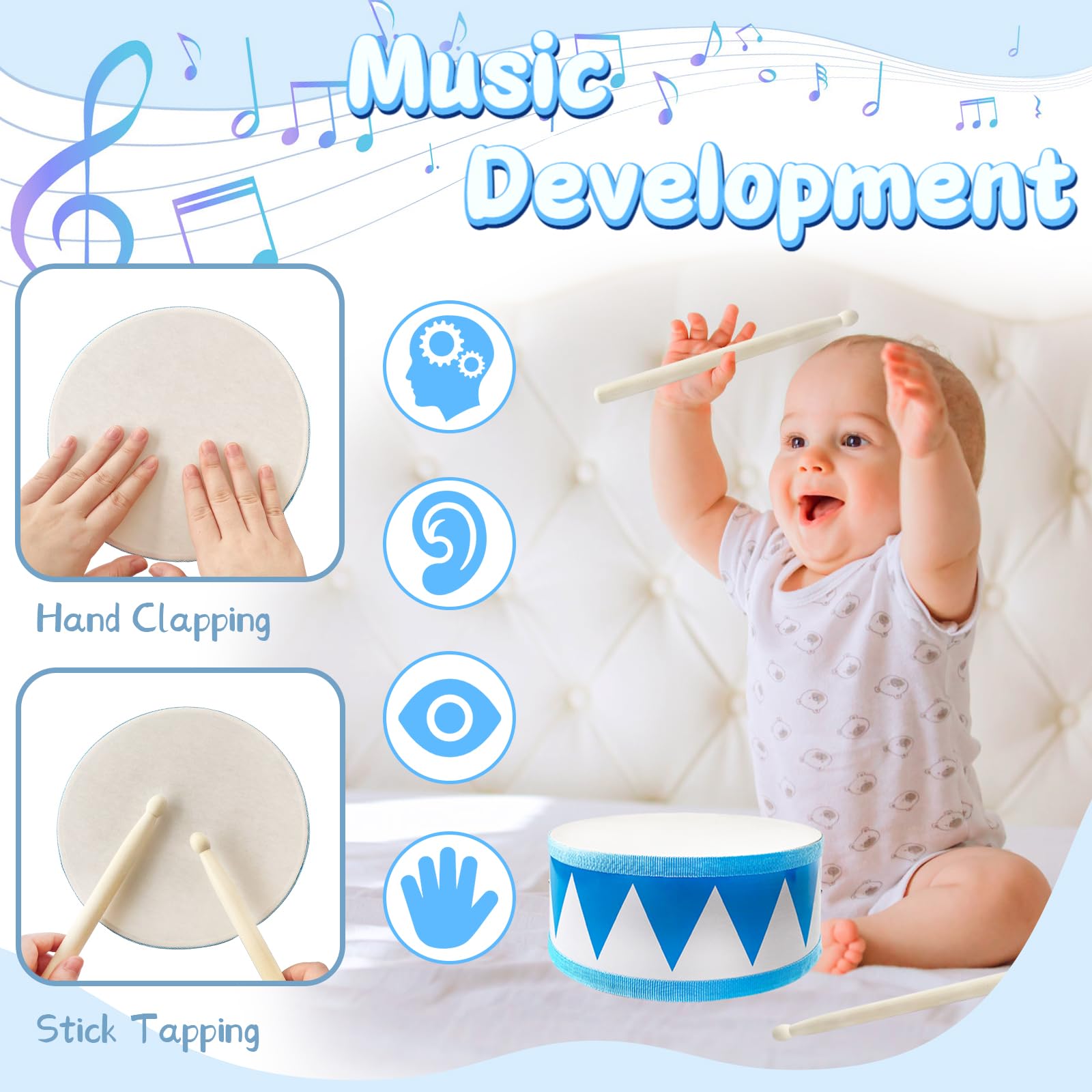 Xeehwb natural wood finish drum toy offers safe, tactile learning moments.