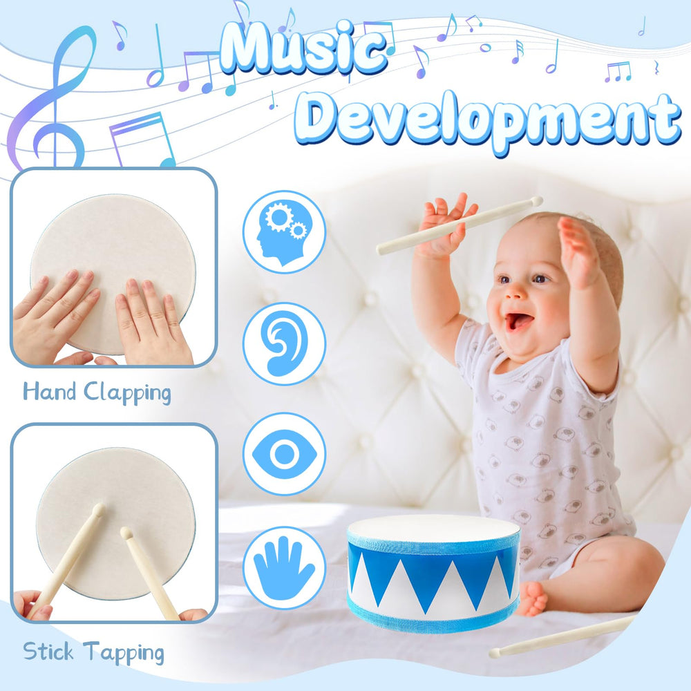 Xeehwb natural wood finish drum toy offers safe, tactile learning moments.