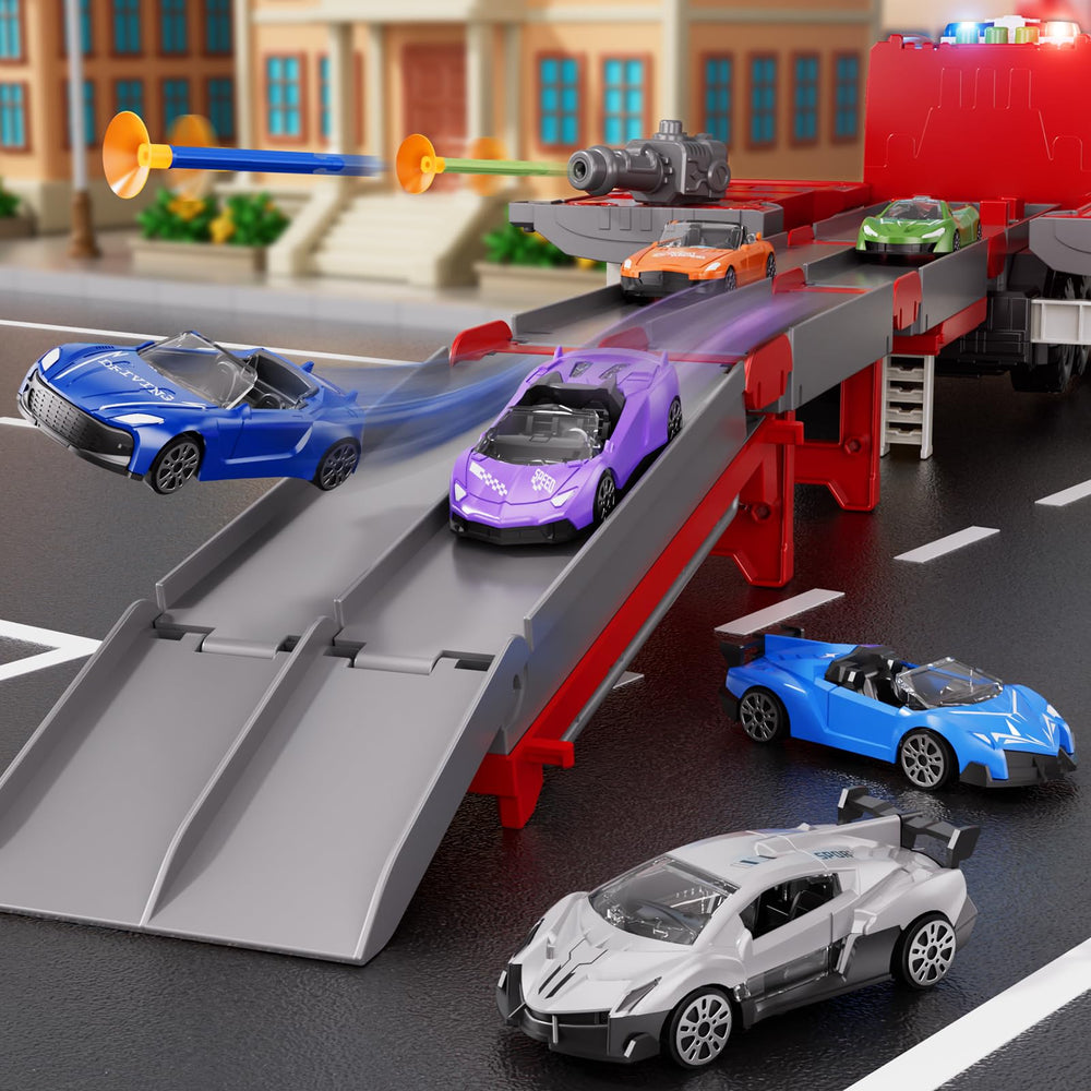 Xelabrion fire-truck compartment open reveals race cars for cooperation.