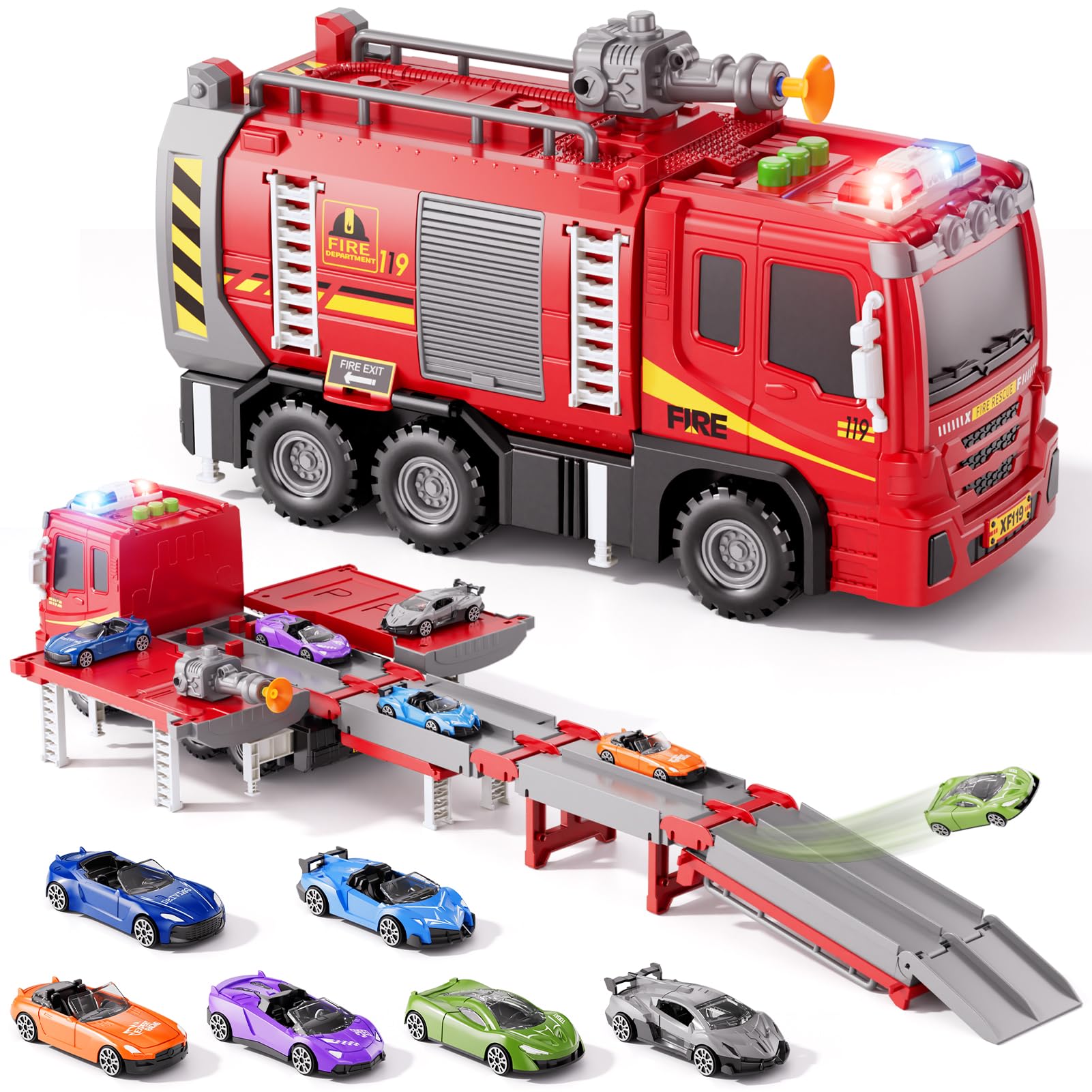 Xelabrion fire-truck front view showing durable design for young heroes.