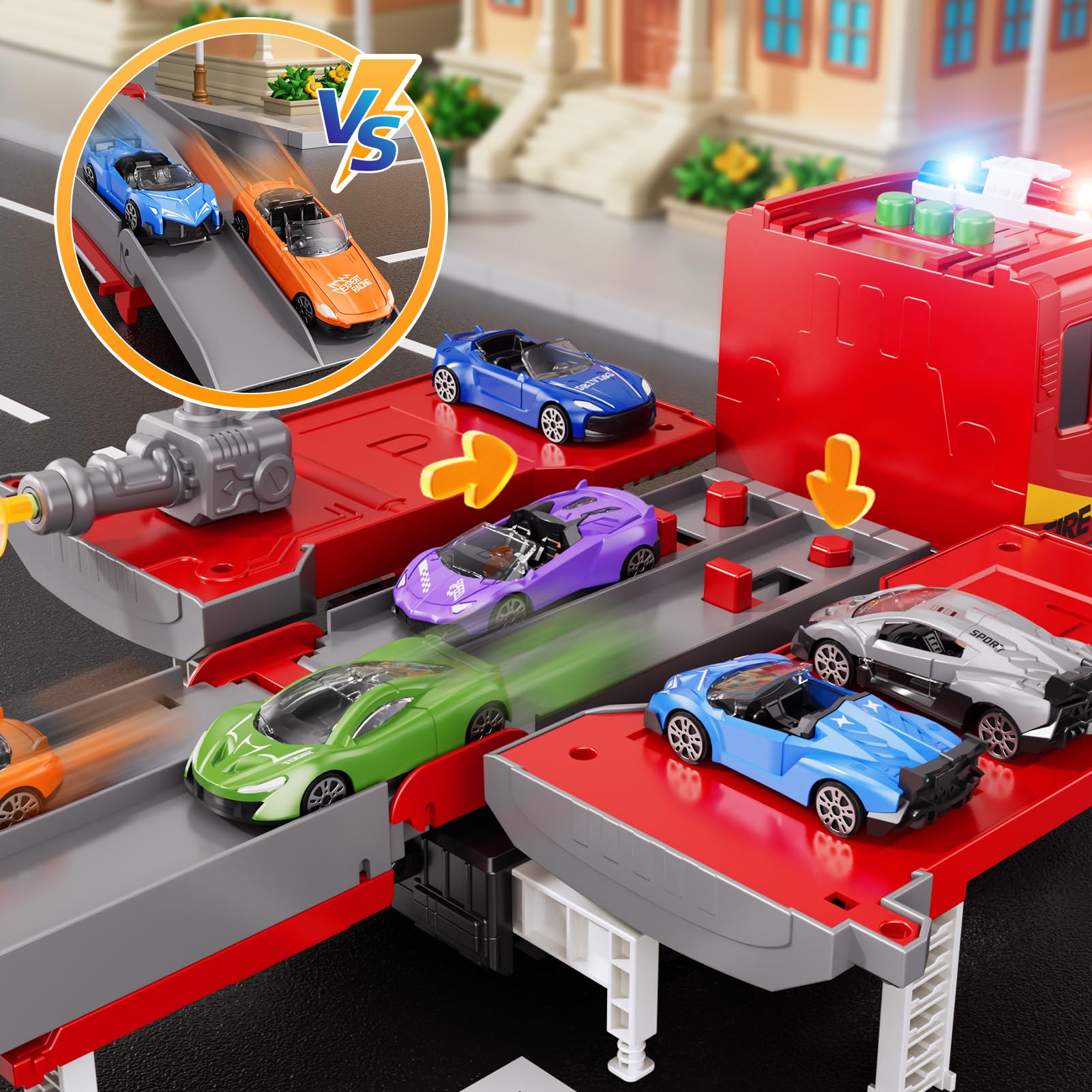 Xelabrion fire-truck light and sound buttons activate interactive effects.
