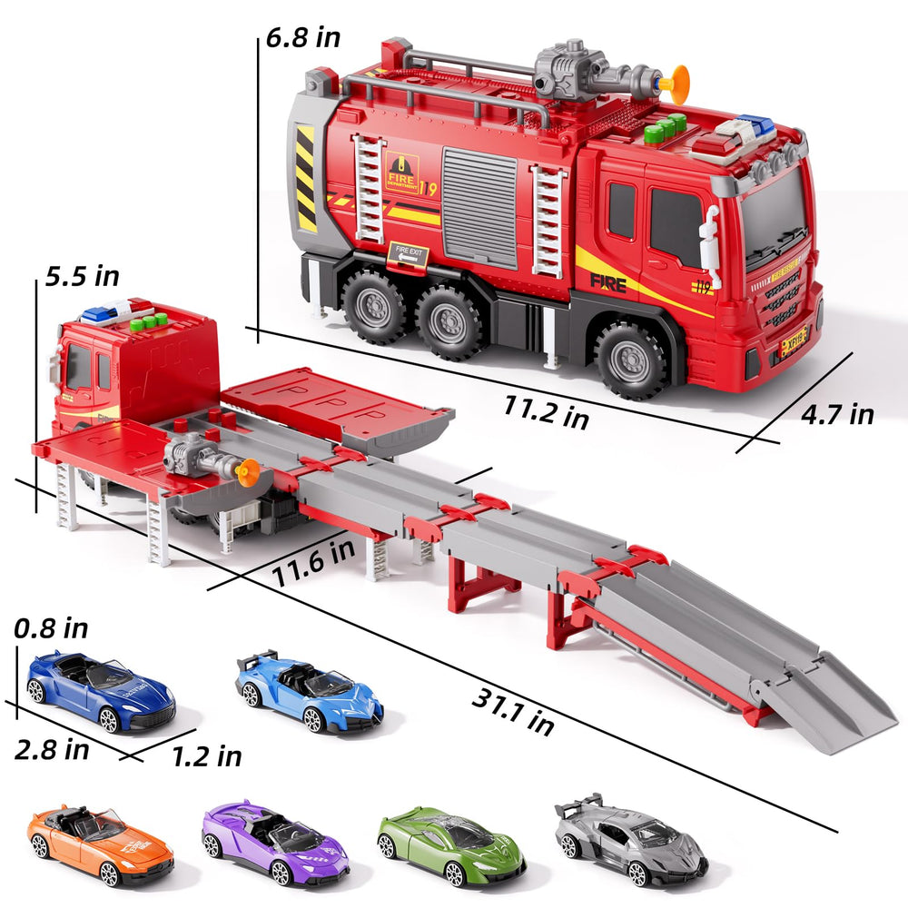 Xelabrion fire-truck race cars display six colorful vehicles for play variety.