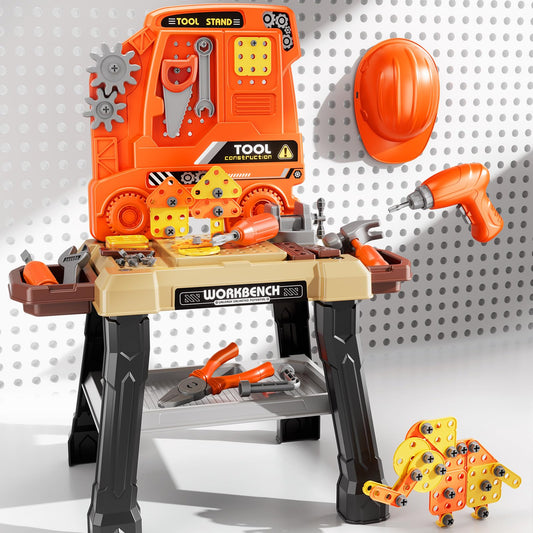 Xelabrion Kids Tool Bench Set assembly scene boosts imaginative play and fine motor skills.