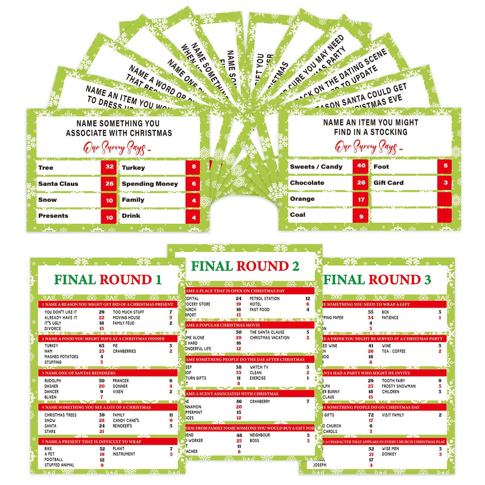 Xenseou Christmas Feud Game card pack laid out for festive family trivia