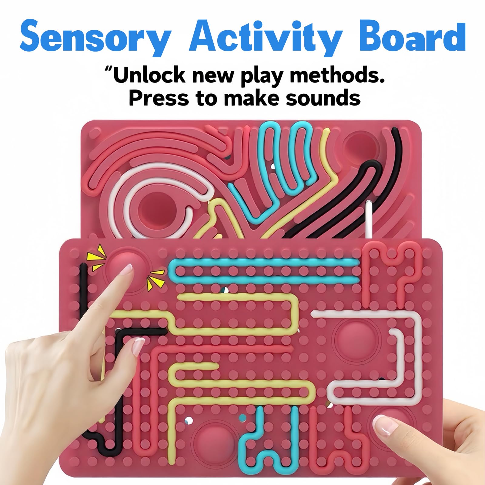 Xesakesi sensory activity board closeup showing 14 strings for tactile focus