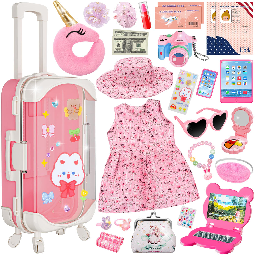 XFBB doll suitcase travel set with flower dress for imaginative packing play