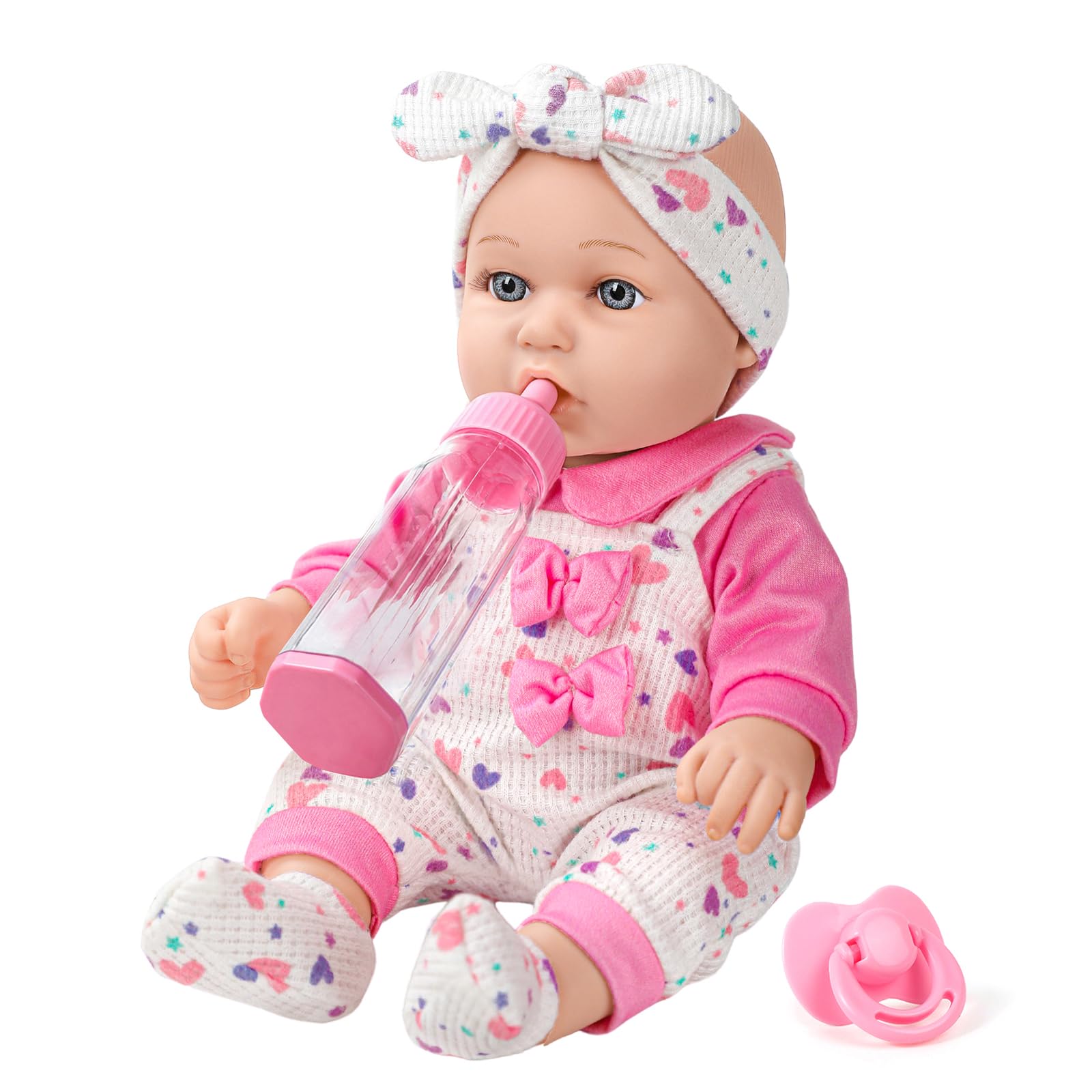 XFEYUE 12-inch baby doll with pink bowknot for imaginative play and companionship