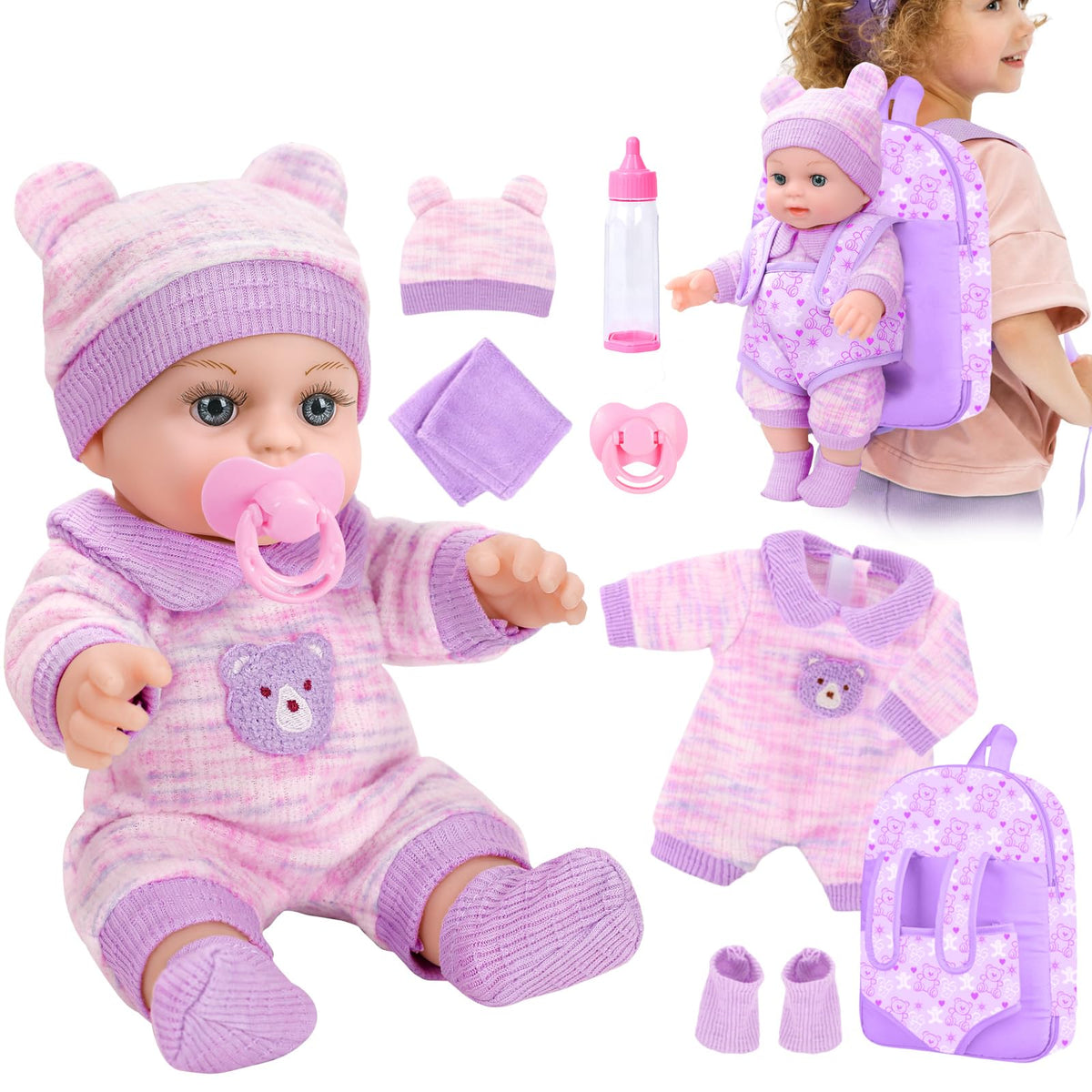 XFEYUE 12-inch doll with bear backpack promotes imaginative play and cuddling.
