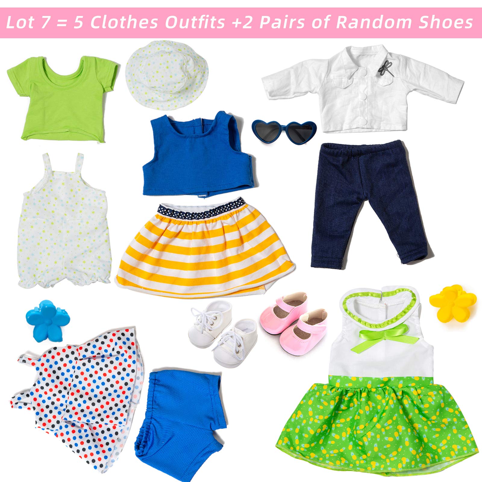 XFEYUE five outfits and shoes offer quick styling options for dolls.