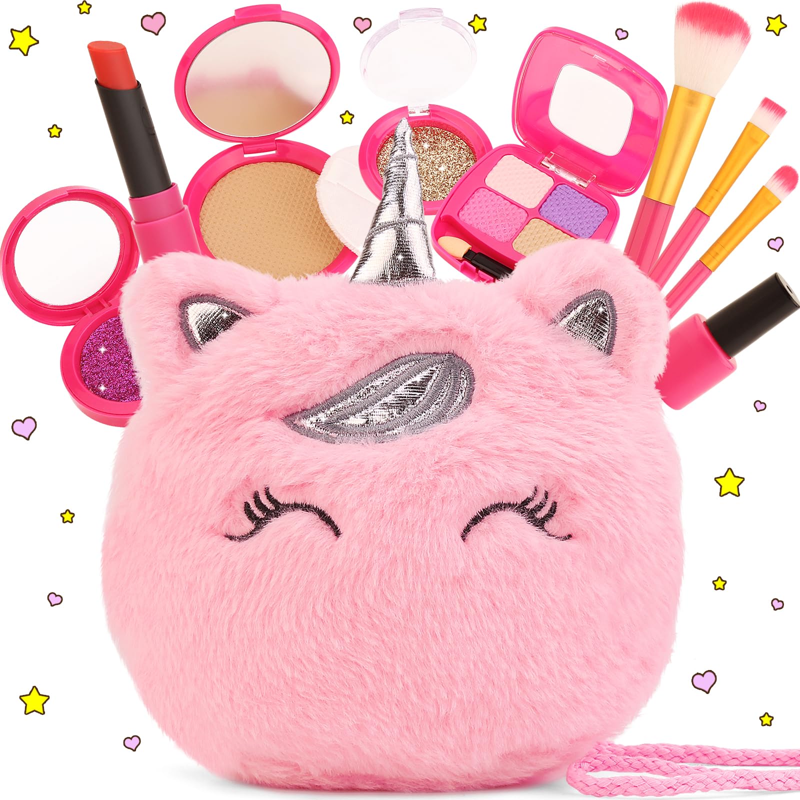 XFFFun unicorn purse makeup set, portable pretend play accessory for kids.