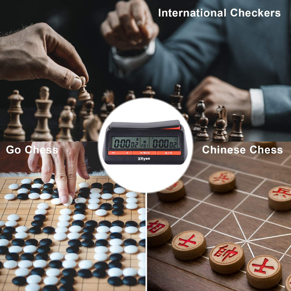 Xflyee Chess Clock timer settings screen, customizable rules for diverse games.