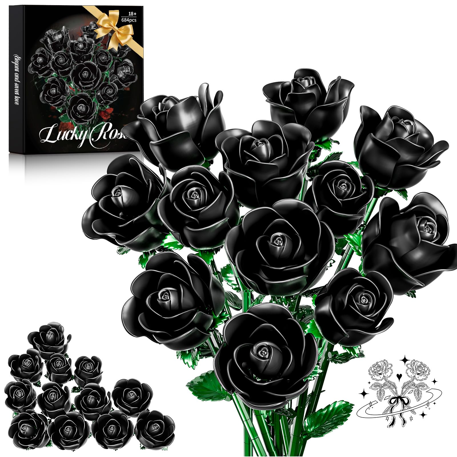 XGSHJ Black Rose Bouquet building set packaging, ideal for a gift ready presentation