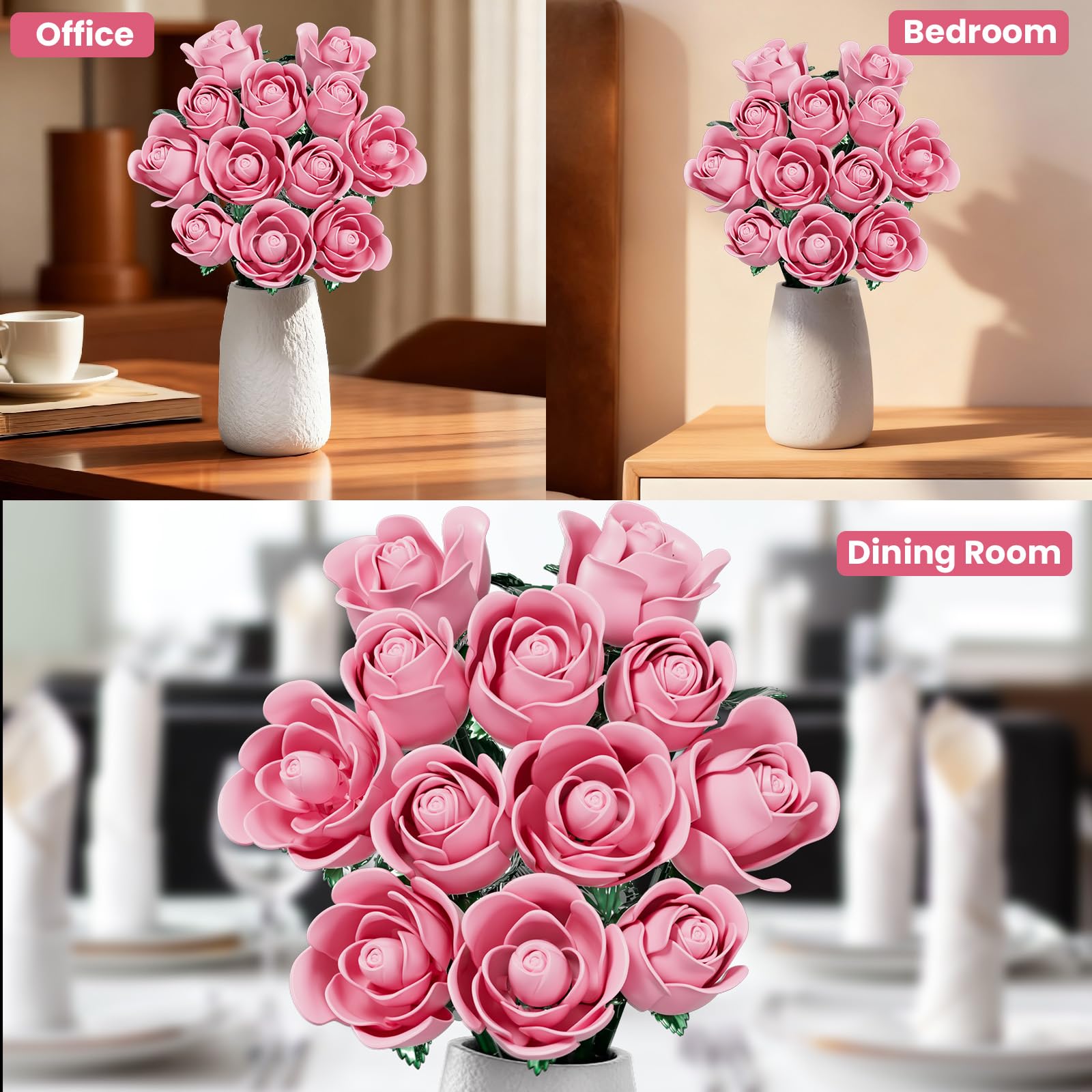 XGSHJ Pink Rose Bouquet Building Set core uses integrated die-cast design