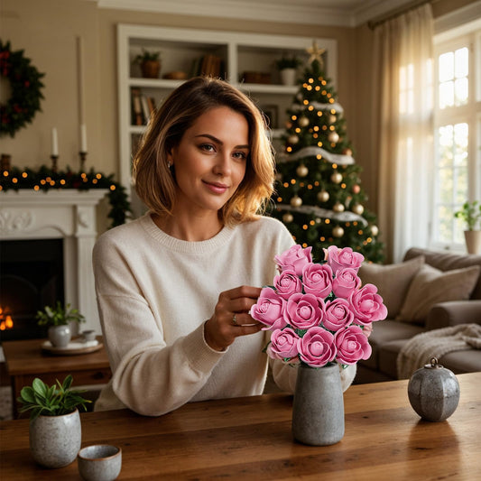XGSHJ Pink Rose Bouquet Building Set with swingable petals for dynamic display