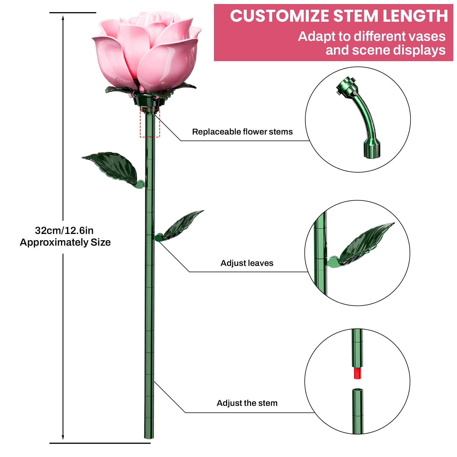 XGSHJ Pink Rose Bouquet Building Set stems fit various vases for versatile decor