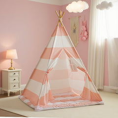 Xiaowantong teepee tent pink stripe creates a cozy kids' play space.