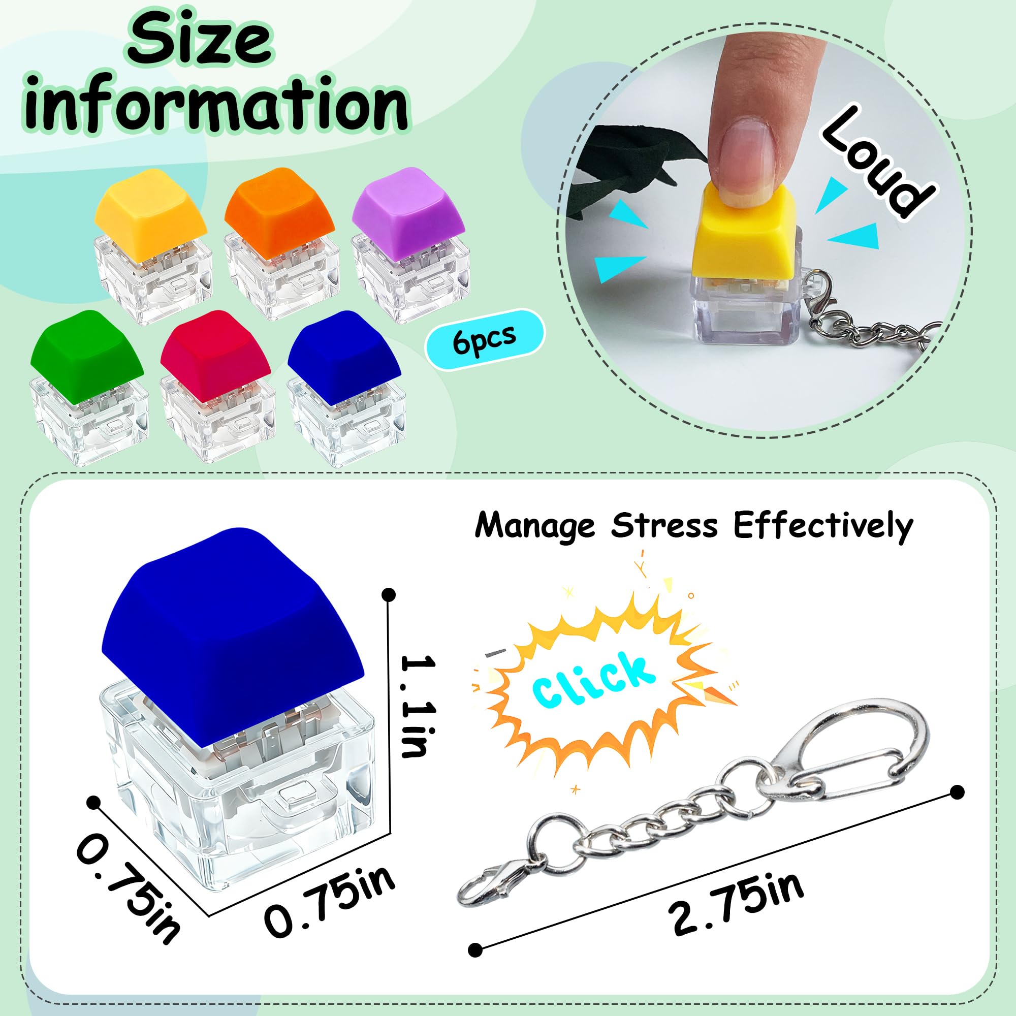 XiawaLangzhuo 6-pack keyboard fidget toy closeup colors, tactile variety for focus moments.