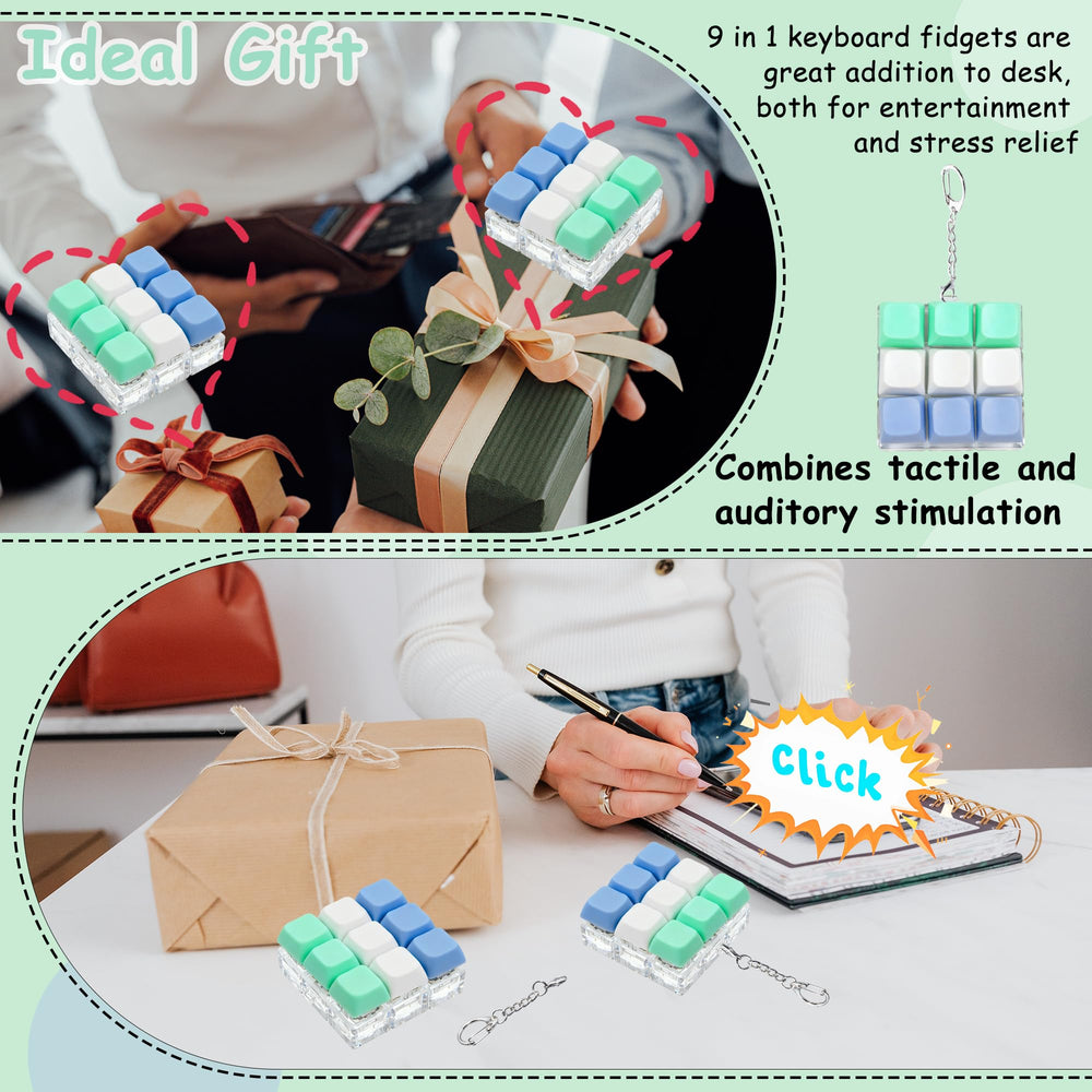 XiawaLangzhuo Keyboard Fidget Toy blue on desk demonstrates portable stress-relief at work.