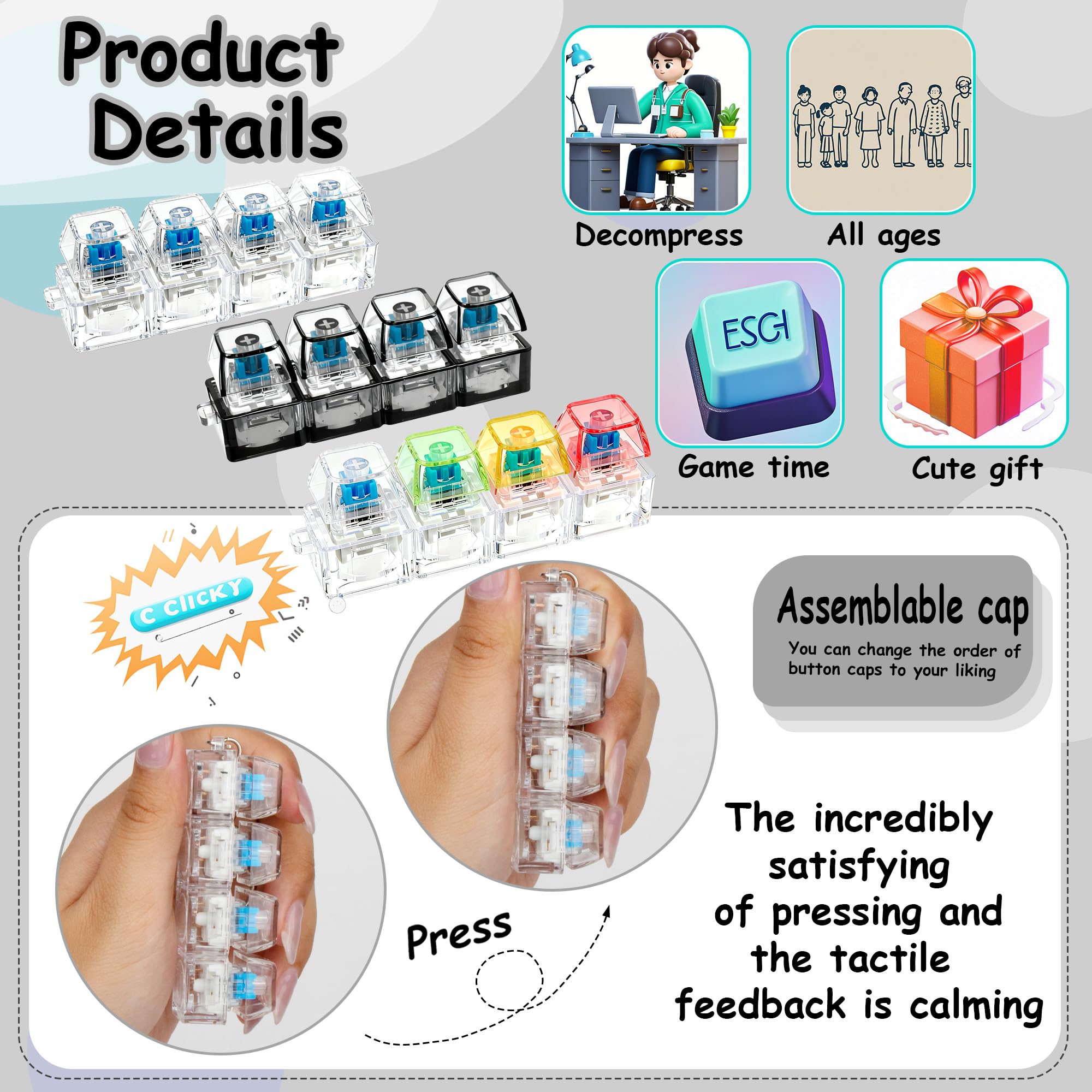 XiawaLangzhuo 3-pack keyboard fidget toy display with removable cap and chain