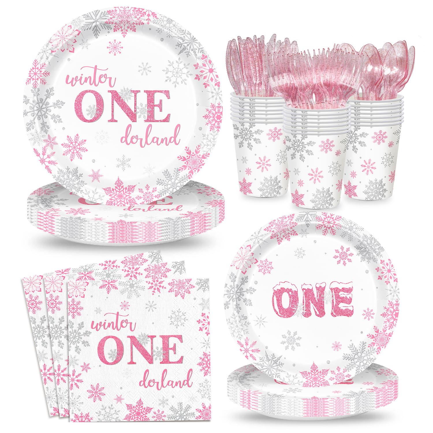 XIENBLOC winter onederland 9-inch pink and silver plates for a festive birthday table