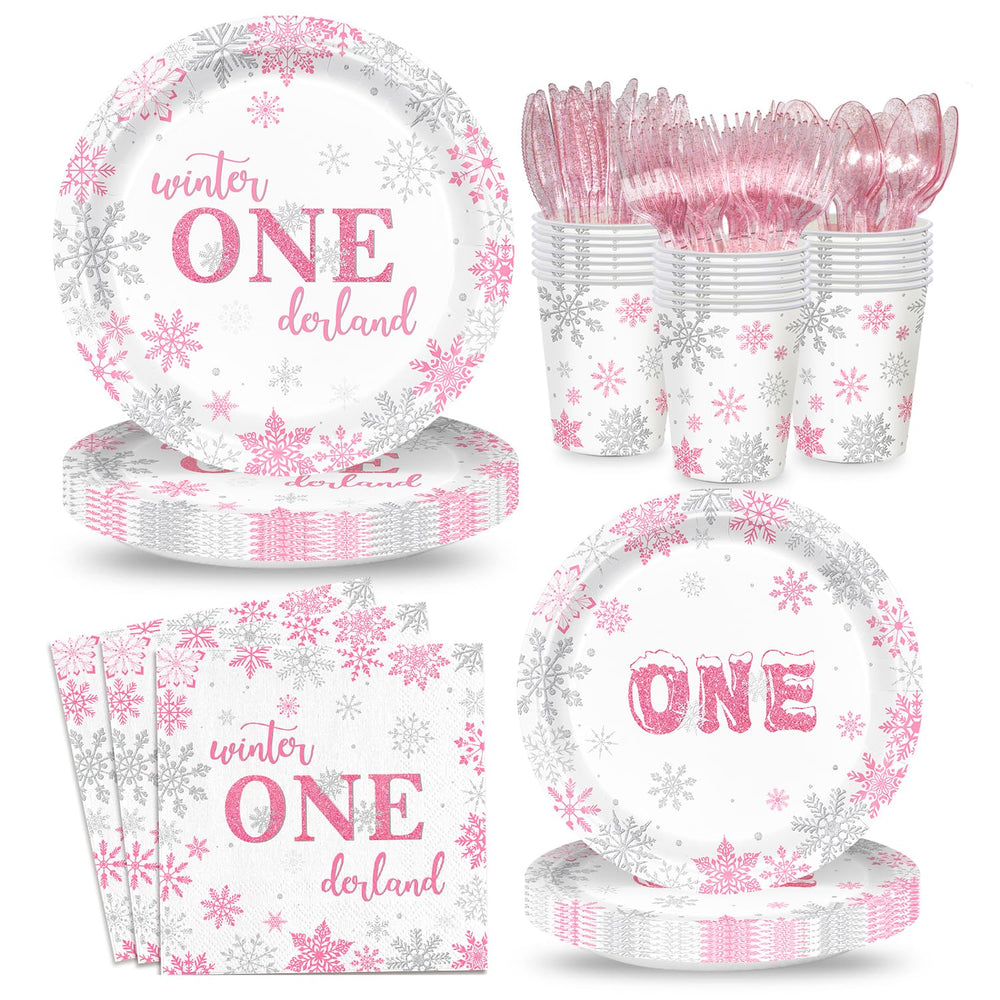 XIENBLOC winter onederland 9-inch pink and silver plates for a festive birthday table