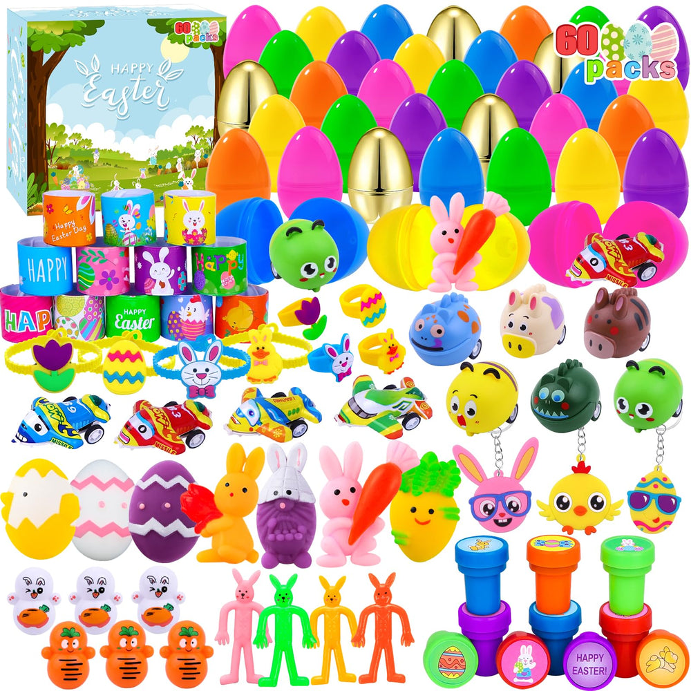 XIMISHOP 60-pack Easter eggs filled with toys for party favors and classroom prizes.