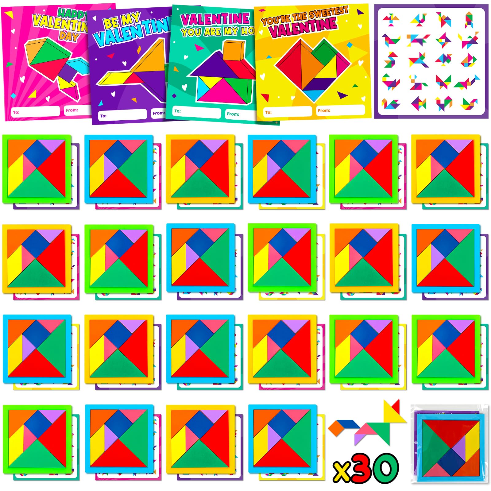 Ximoeo tangram valentines card design A; ideal for classroom exchanges and party gifts.