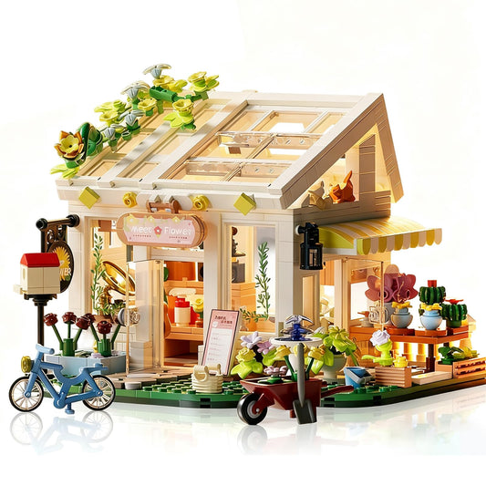 Xingya youpin Flowers House Building Set front view with warm LED glow for display.