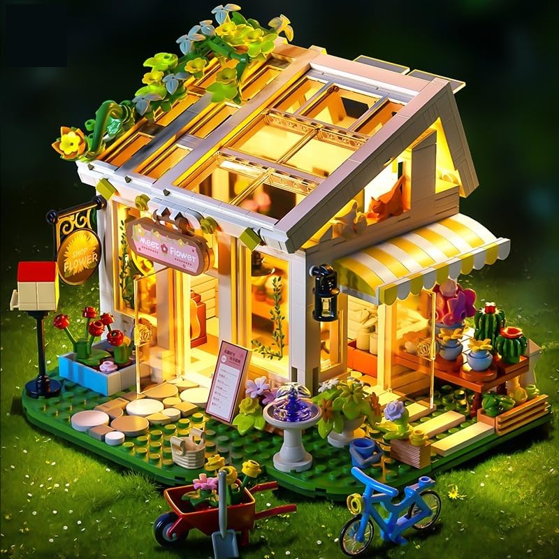 Xingya youpin Flowers House Building Set interior lighting creates warm ambiance.
