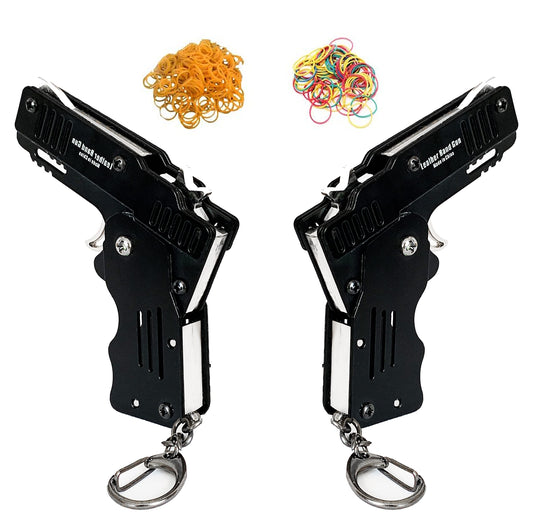 Xinlong mini metal folding rubber band gun with keychain, portable for outdoor play.
