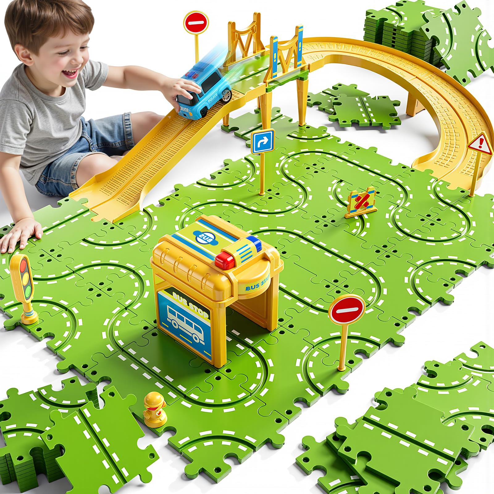 XINNOVEL 2-tier puzzle race car track set promotes creative play and imaginative racing.