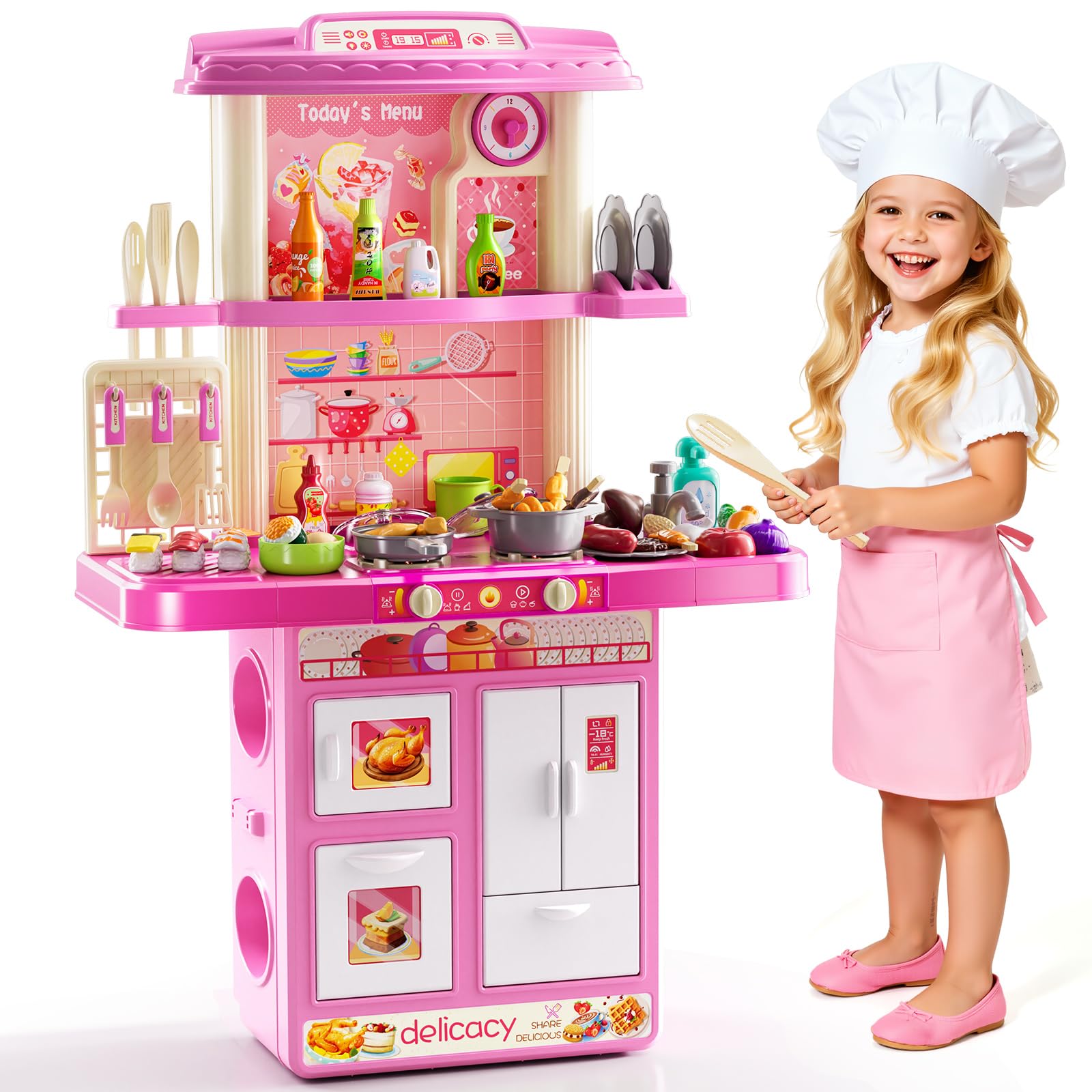 XINNOVEL Kids Play Kitchen Set pink stovetop with lights and sound for imaginative play.